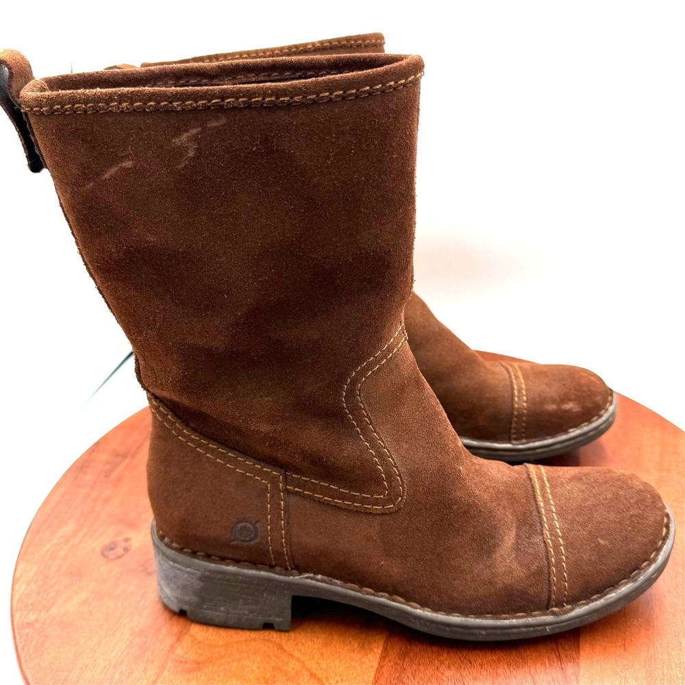 Born Audie Suede Leather Riding Boots Brown Mid Calf Pull On Womens 8.5 Boho
